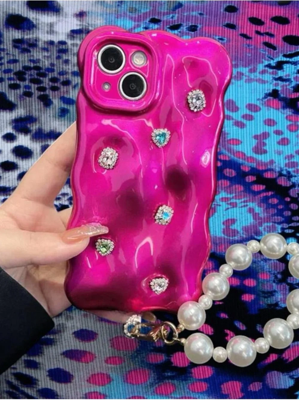 Hot Pink Jeweled Phone Case with Pearl Strap
